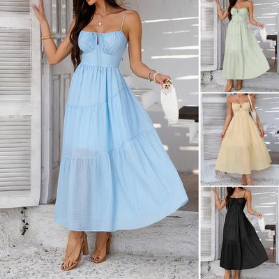 Spring and Summer Women's Temperament Holiday Style Pure Colour High Waist Suspender Dress