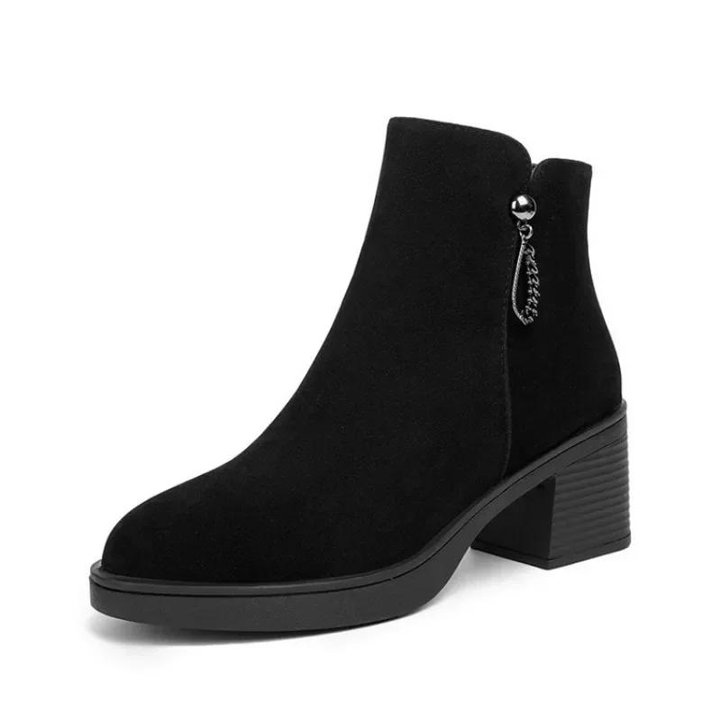 Fashion 2025 New Fall-Winter Fashion Solid Color Ankle Boots Round Toe Square Heel Side Zipper Solid Color Casual Boots Keep Warm 35-41