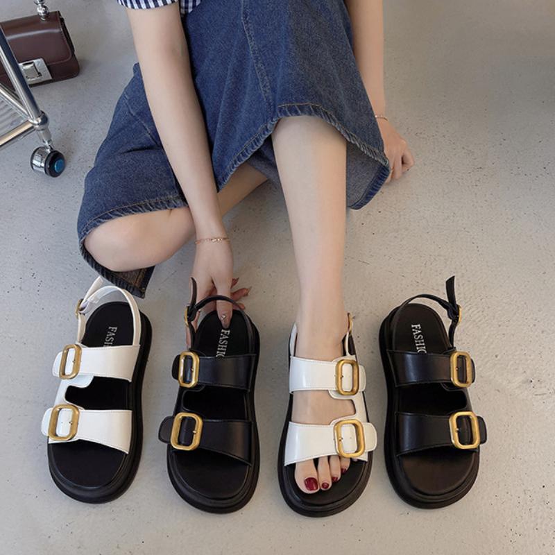 Gladiator Platform Women's Sandals 2025 Summer Women Metal Buckle Flat Sandals Fashion Casual Soft Bottom Ladies Sandals