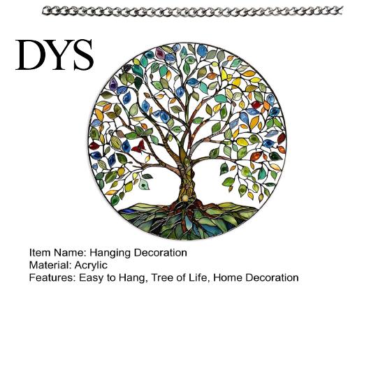Retro Window Hanging Tree of Life Round Sign, Stained Glass Acrylic Suncatcher Metal Chain Decoration Decoration, Wall Ornament for Indoor Outdoor