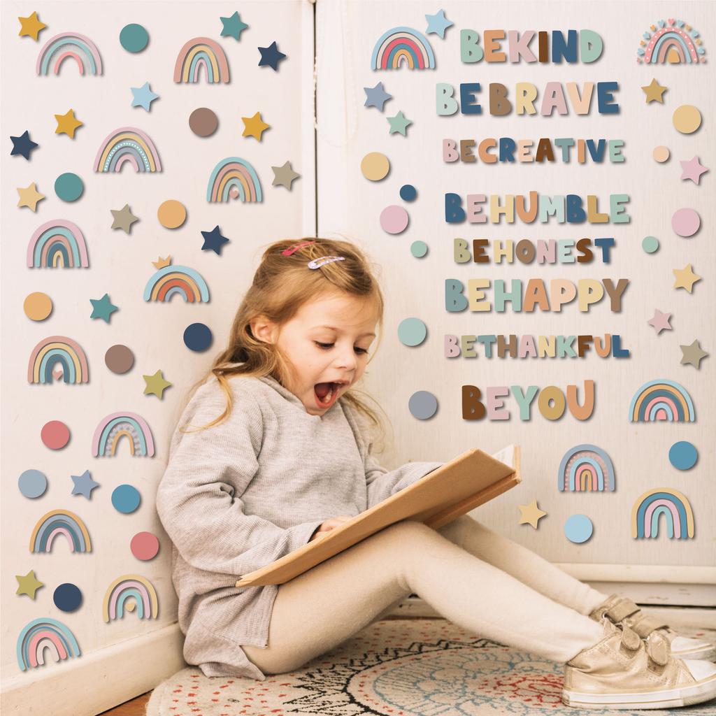 Cartoon wall sticker Bohemian rainbow English decorative wall home kindergarten children's room self-adhesive wall sticker