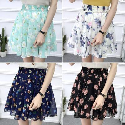 2025 Summer Korean Floral Print High Waist Chiffon Mini Skirt with Elastic Waistband