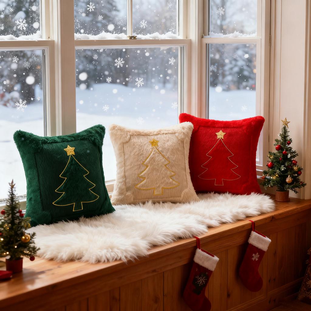 Christmas Embroidered Throw Pillow Cover With Star And Tree Decor For Living Room Party
