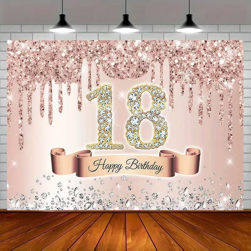 2D Flat Rose Gold Glitter & Diamond 18th Birthday Photo Booth Background