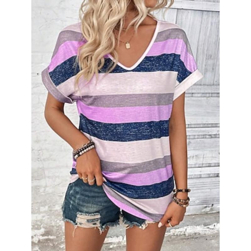 

Женская футболка повседневная полосатая с V-образным вырезом и коротким рукавом летняя футболка свободного кроя модная многоцветная XL