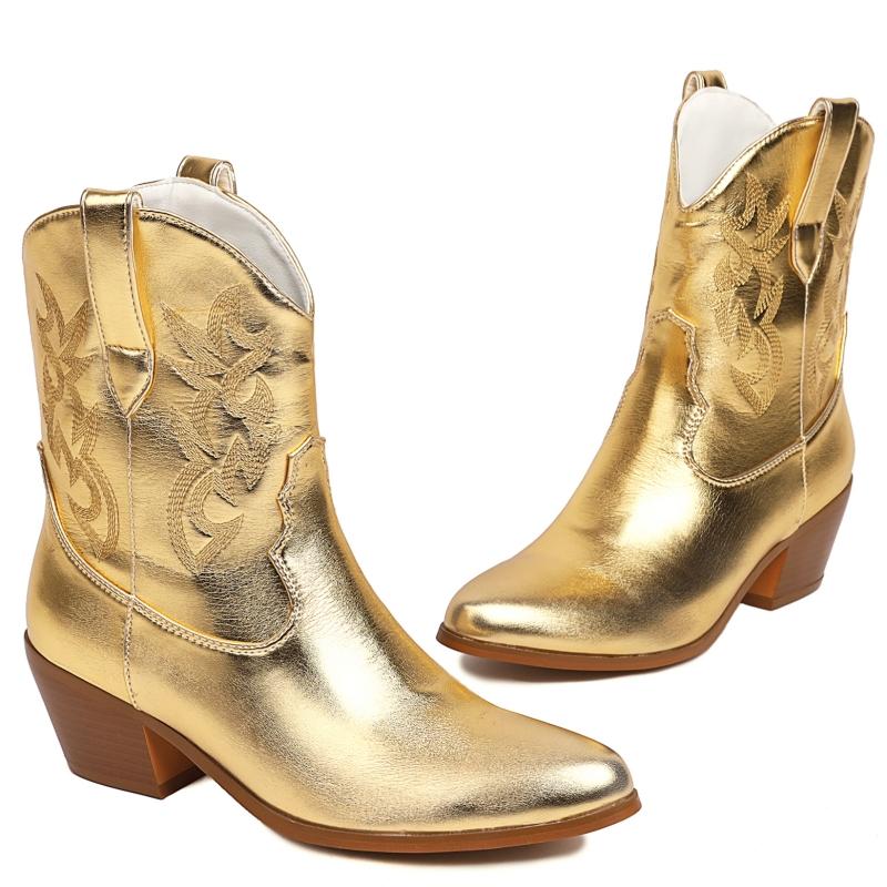 

Роскошные ботильоны из золота и серебра для женщин, тенденции 2024 года, осень-зима, белые, розовые, ковбойские сапоги, обувь для вечеринок, женские, большого размера 38 золотой