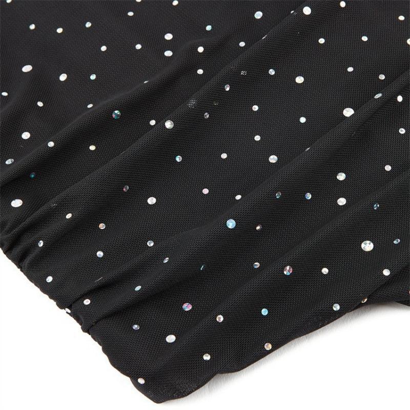 Top Corsetto Senza Spalline in Rete Nera con Strass, Vita Arricciata, Bustier Steccato per Donna