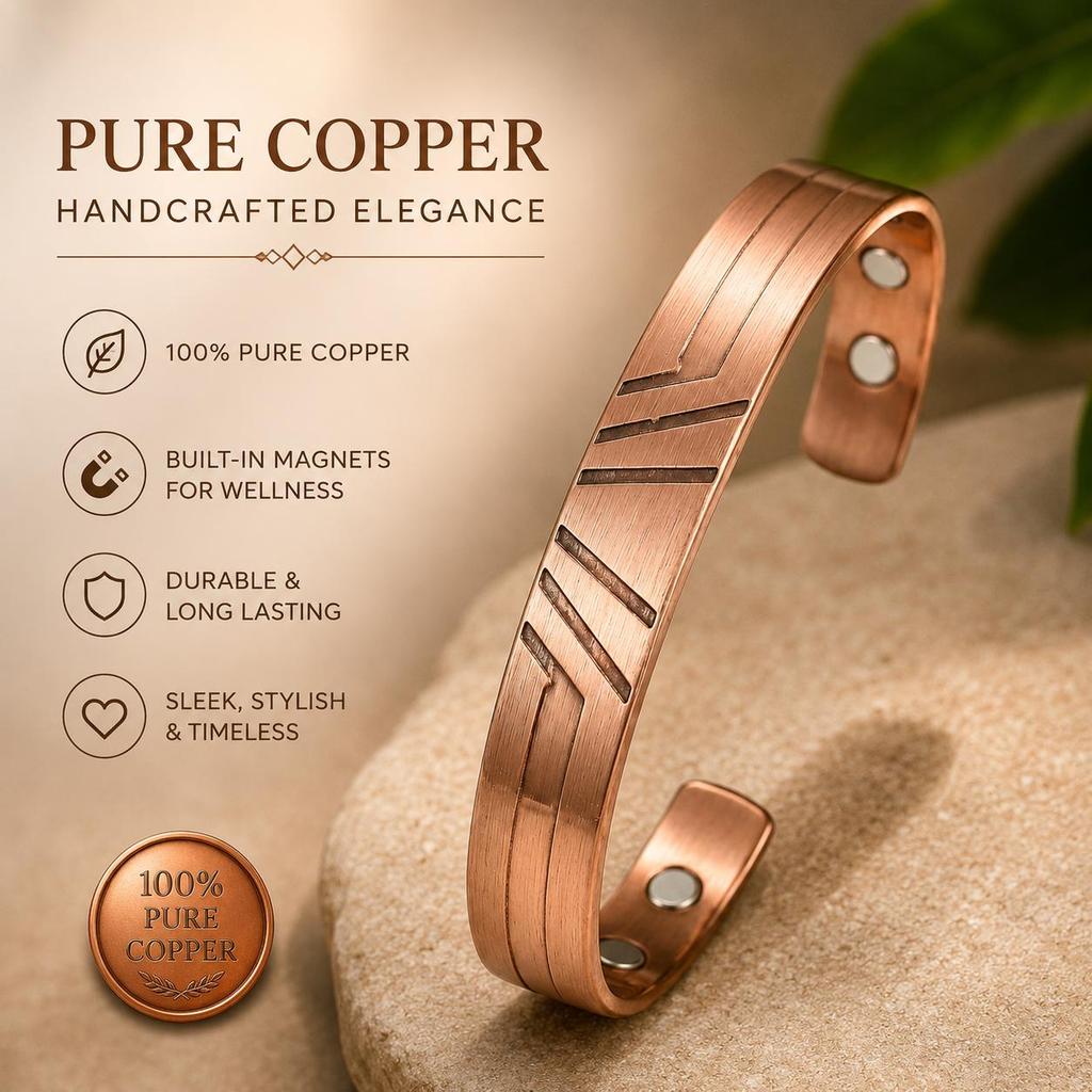 Copper Magnetic Open Cuff Bracelet for Men & Women Adjustable Bangle Wristband with Geometric Engraved Design Fashion Jewelry