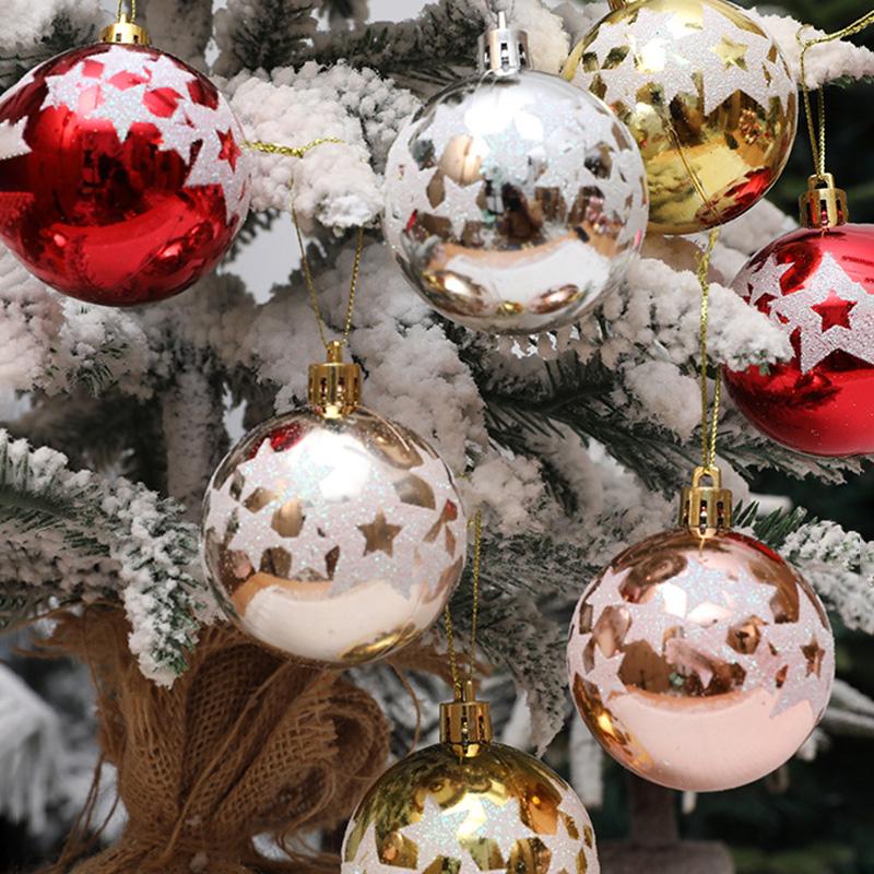 6Pcs 6cm Star Pattern Round Ball Christmas Tree Decor Electroplating Plastic Ball Xmas Hanging Ornament
