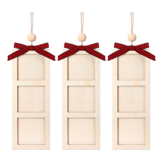 Festive Tree Ornament for Photos Christmas Wooden Photo Frame Ornament, DIY Hanging Picture Holder with Reusable Holiday Ribbon Bow, Decor, Party