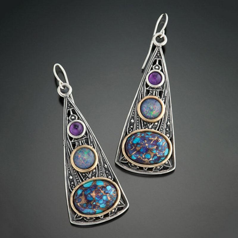 

Vintage Round Hollow Spiral Blue Stone Dangle Earring For Women Tribal Jewelry Metal Silver Color Whirl Ethnic Boho Earrings синій