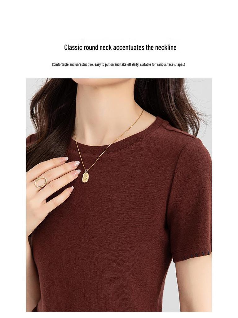 Xin Ge Burgundy Slimming Short-Sleeve High-Waist Women's T-shirt