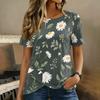 Women Short Sleeve T Shirt Floral Print Button Detail Round Neck Casual Blouse Lightweight Soft Fabric Summer Top