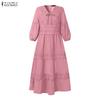 ZANZEA Women Casual V-Neck 3/4 Sleeve Loose Patchwork Embroidery Long Dress