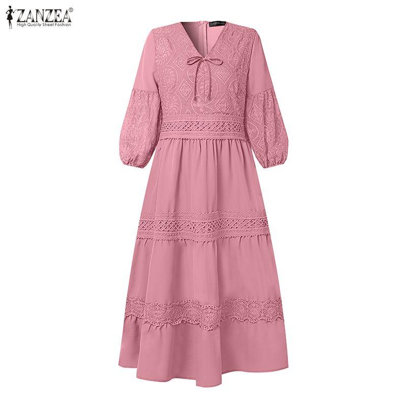 ZANZEA Women Casual V-Neck 3/4 Sleeve Loose Patchwork Embroidery Long Dress