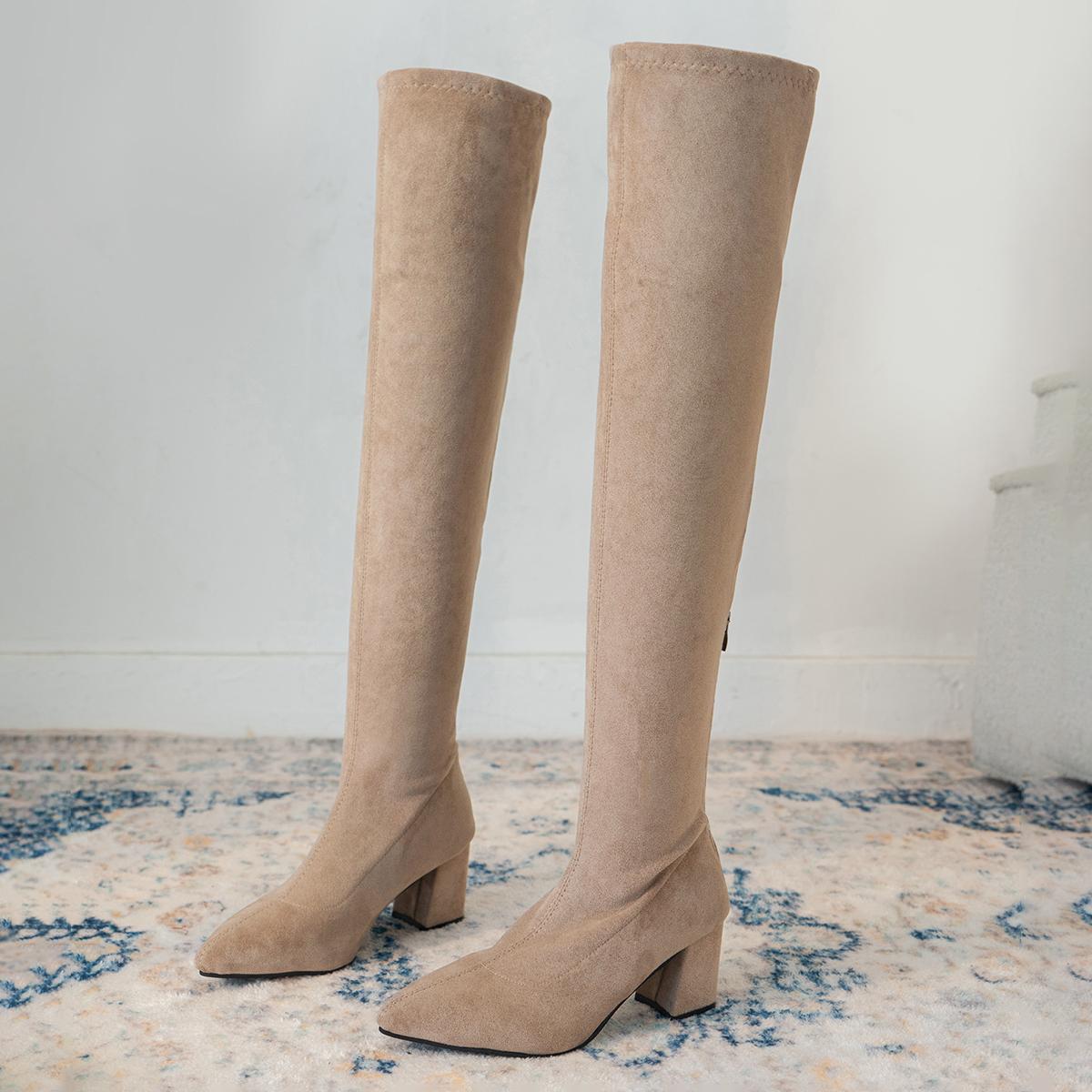 

Модные сапоги выше колена, женские туфли с острым носком на высоком каблуке, челси, снежная замша, массивные туфли 2024 года, зимние теплые туфли-лодочки Botas Mujer 35 абрикосовый