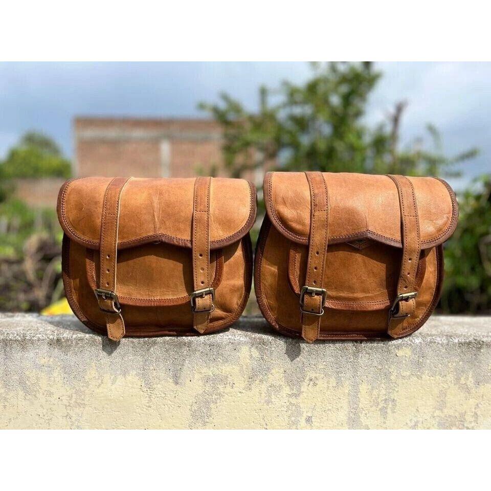 New Stock All Motorcycle Side Pouch Brown Leather 2 Side Saddle Panniers 2 Bags