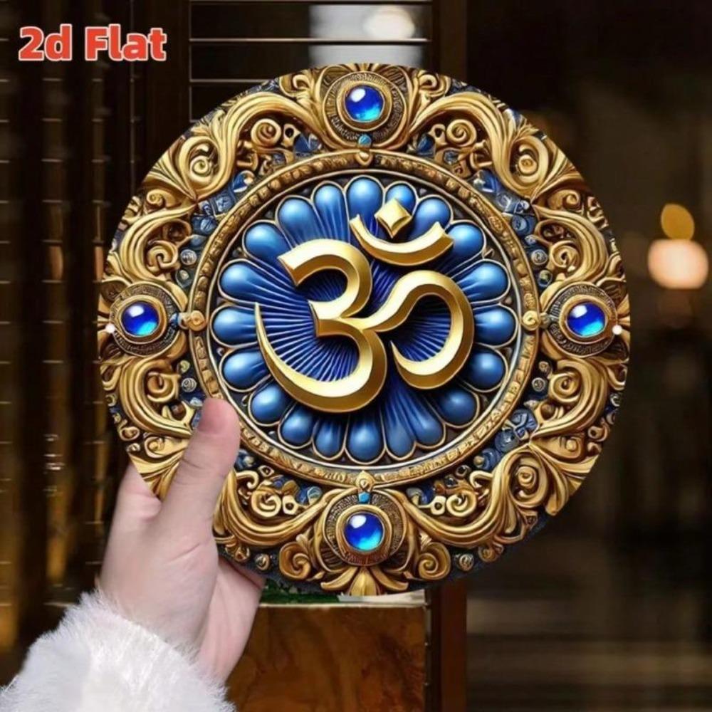 Metal Tin Sign Om Wall Art Blue Golden Geometry Meditation Decor