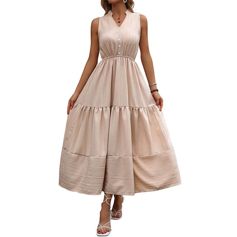 New casual simple style high waist sleeveless solid color dress long skirt waist