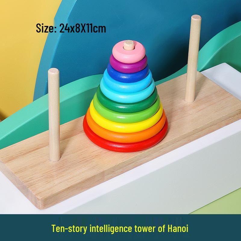 Children's 10-Layer Wooden Tower of Hanoi Puzzle - Educational Logic Game for Students