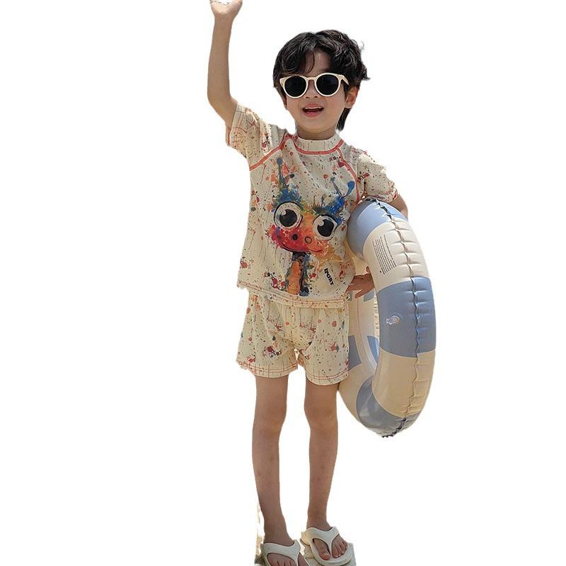 Colorful Cartoon Swimsuit Set for Kids: Short Sleeve Top & Shorts - Perfect for Beach or Hot Spring Adventures