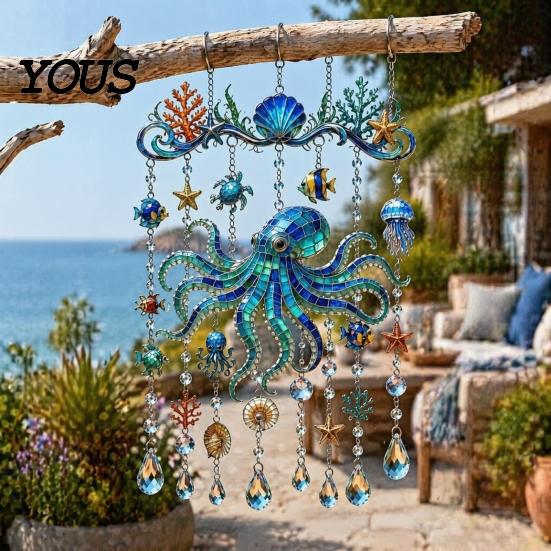 Ocean-Themed Wind Chime Decoration Decoration, Animal Hanging Sun Catcher with Faux Crystal Drops, Stained Glass Acrylic Ornament for Window
