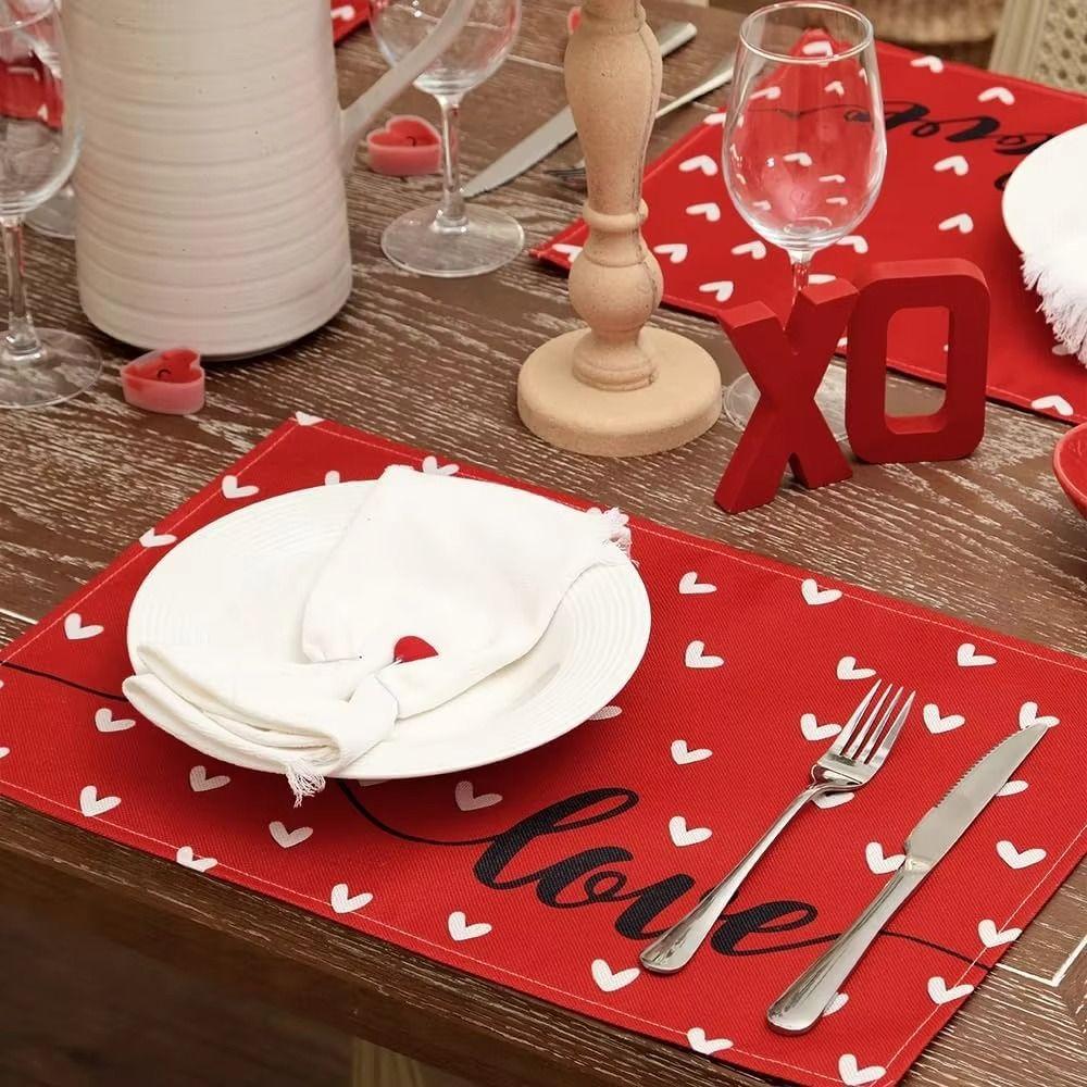 4Pcs 30x45cm Red Love Hearts Table Mats Linen Dining Table Mat Farmhouse Burlap Placemat Kitchen