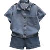 Boys' Jeans Suit Summer Handsome Short Sleeve Fashionable Thin Boys' Summer Two-piece Set Casual Blue Suit
