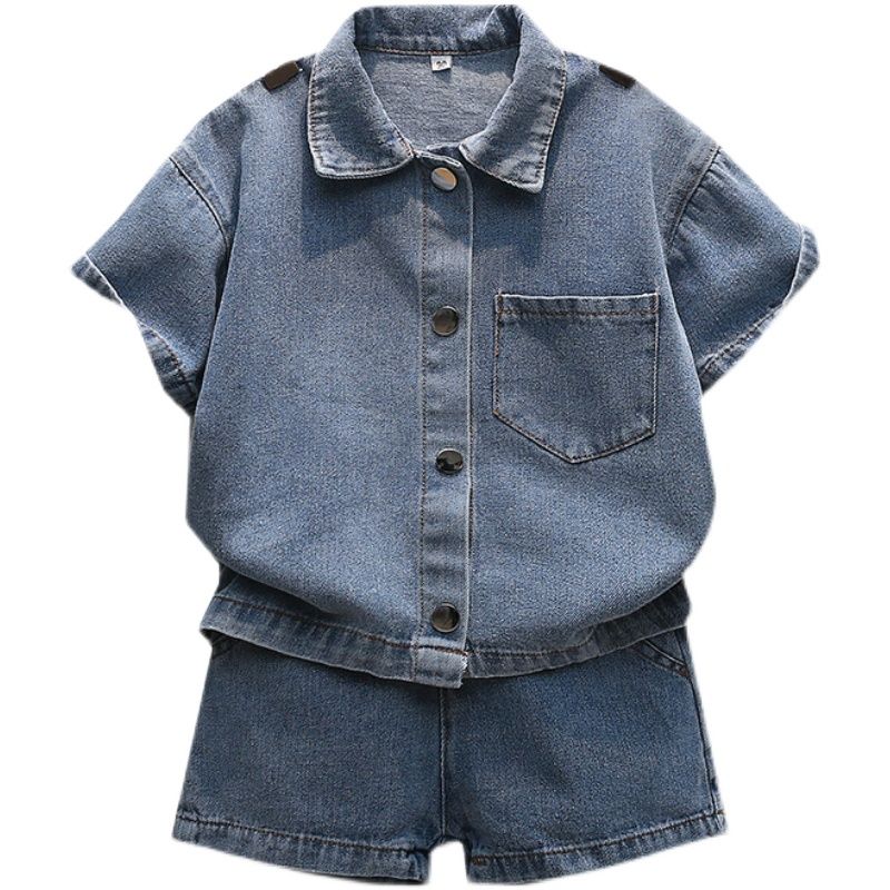Boys' Jeans Suit Summer Handsome Short Sleeve Fashionable Thin Boys' Summer Two-piece Set Casual Blue Suit