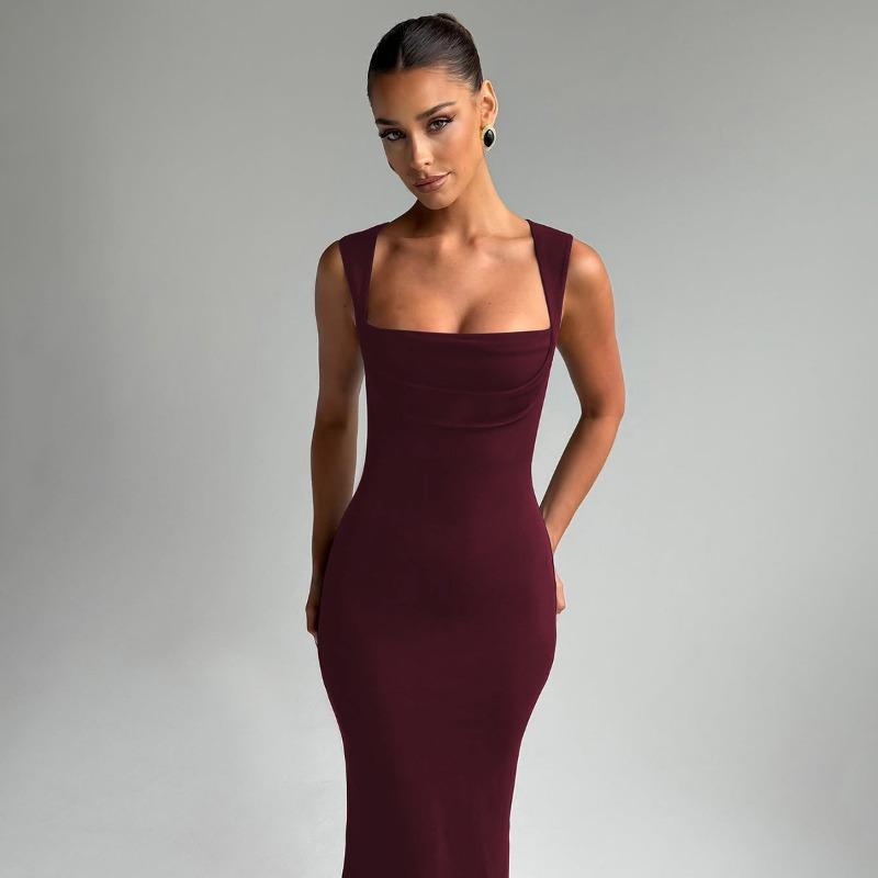 Women Elegant Slim Fit Square Neck Sleeveless Waist Cinched Solid Long Dress