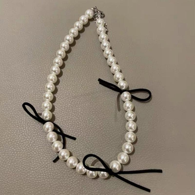 Simulierte Perlenkette Damen Temperament Perlen Schleife Schlüsselbein Kette