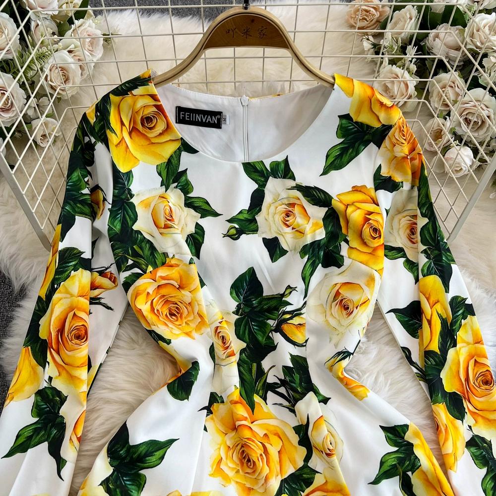 Summer Runway Fashion Rose Flower Print Bodycon Dress Women Holiday O-Neck 3/4 Sleeve Elegant Split Midi Party Dresses