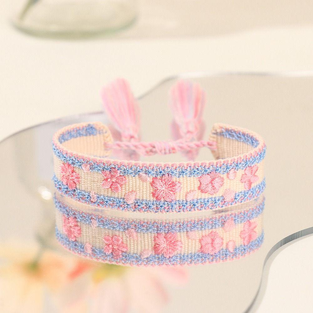 Embroidered Colorful Flower Bracelets Adjustable Rope Boho Weave Bracelet  Women Girls