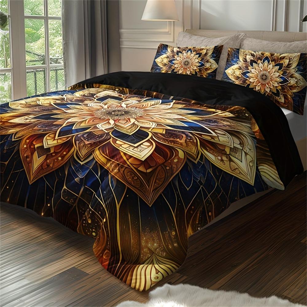 Golden Mandala Floral 3-Piece Duvet Cover Set with 2 Pillowcases - Breathable Polyester, All-Season, Machine Washable