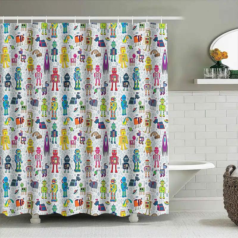 Cute Robot Shower Curtain Funny Space Kids Bathroom Decor Set Waterproof Fabric Modern Pattern Washable Home Textile