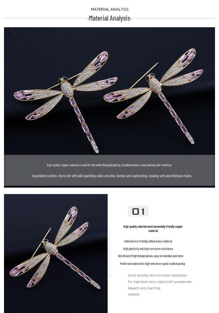 Elegant Dragonfly Brooch for Women - Gold-Plated, Zircon-Studded, Luxurious Accessory.