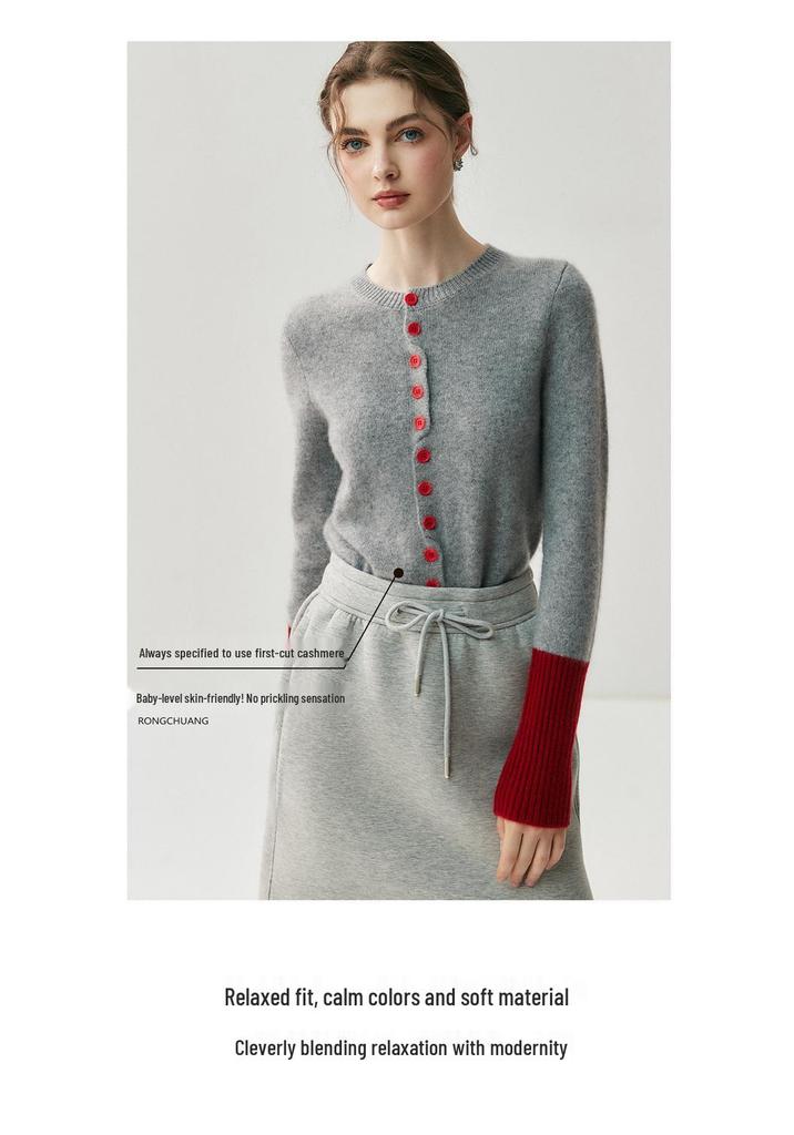 Artistic Color-Block Cashmere Cardigan: 2025 Autumn/Winter Women's Versatile Round Neck Knitwear