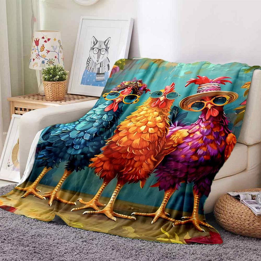 1pc Chickens Cartoon Pattern Print Blanket - Lightweight Flannel Throw Blanket For Sofa, Bed, Living Room, Office, Outdoor Travel, Camping, Soft