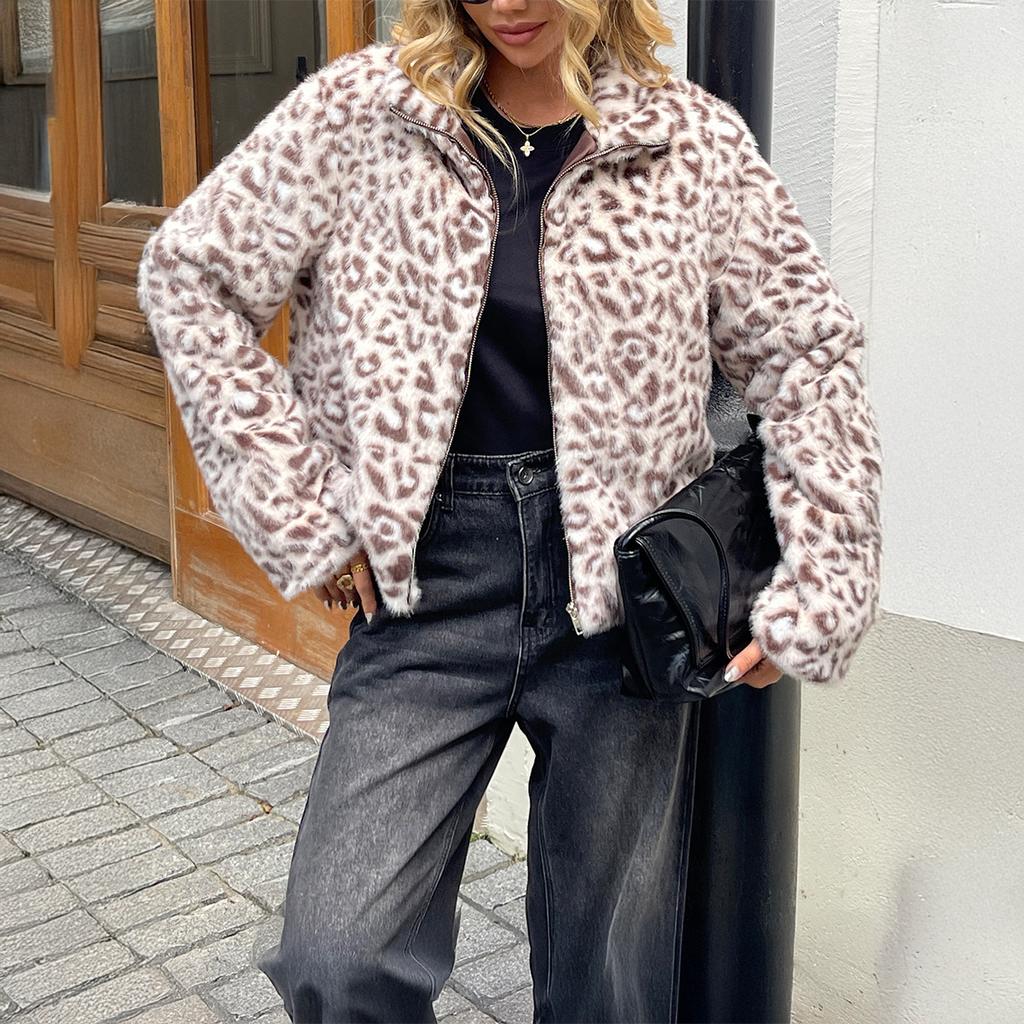 Kaikuo Palton Jachetă Elegantă Europeană cu Imprimeu Leopard Pufos cu Mâneci Lungi pentru Femei Toamnă și Iarnă 2025