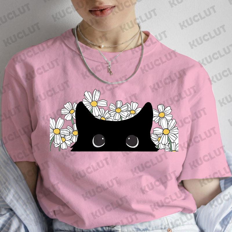 T-Shirt für Damen Schwarze Katzen Print Mode T-Shirt Lässig Rundhals Kurzarm Streetwear Damen T-Shirt Vintage Tee Oberteile