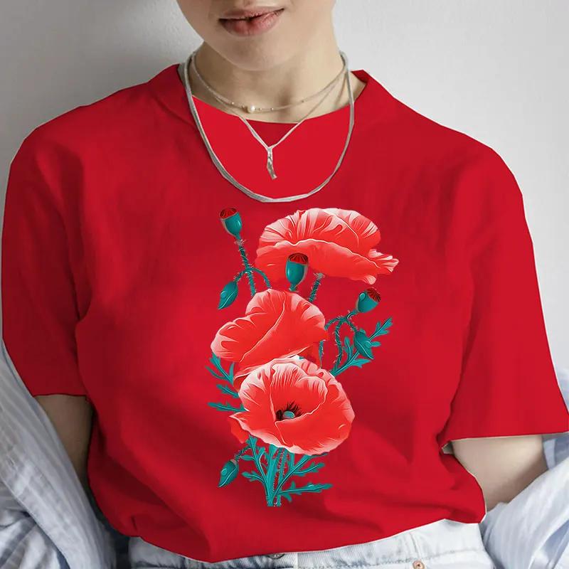 Fashion Red Poppy Flower Unisex T Shirt Funny Tops Tee Female Short Sleeve Tshirt Harajuku Tee Shirts Female Tee Girls Tshirts