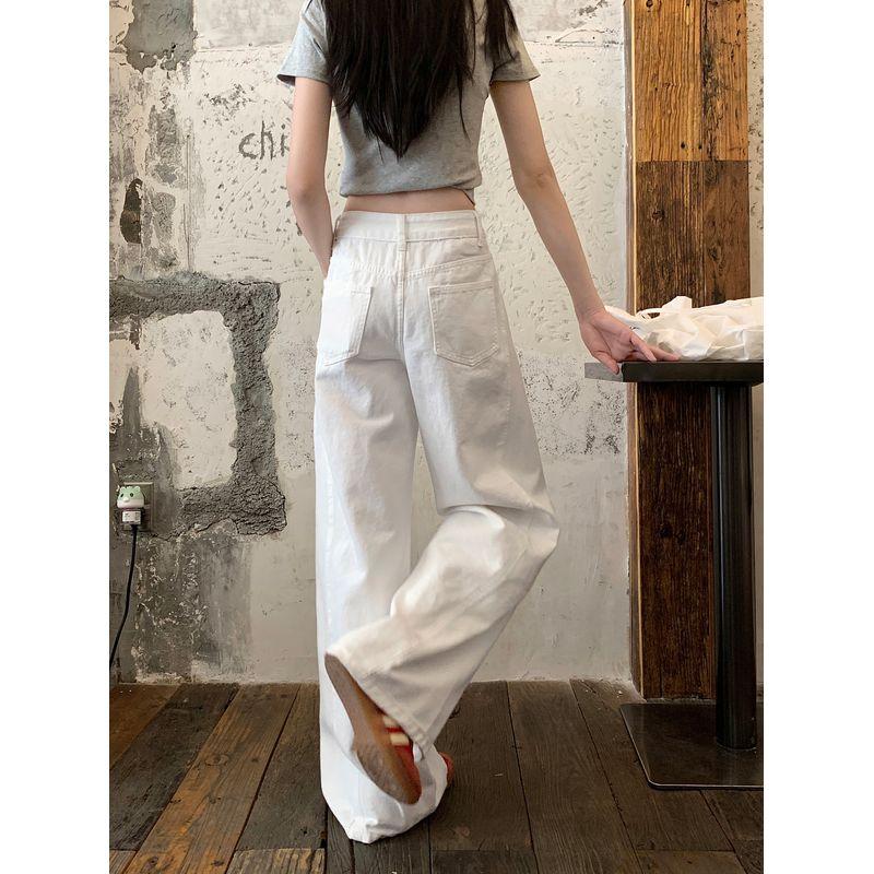 Washed White Denim Pants Women's Autumn Low Waist Loose Drooping Loose Pants Mop Pants Easiest for Match Machete Pants