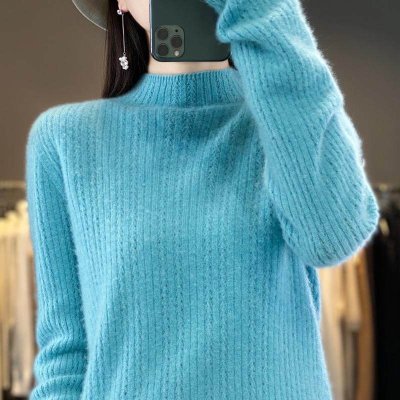 Damski sweter z półgolfem, kaszmir Qinghe, 30% kaszmiru, 70% wełny, zimowy sweter dzianinowy, jesienny sweter kaszmirowy