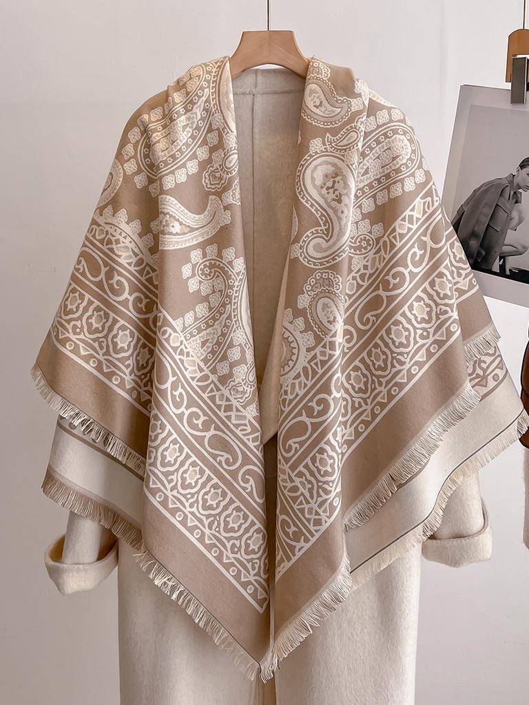 Luxury Women'S Winter Faux Cashmere Scarf Paisley-Inspired Print Tasseled Multi-Way Pashmina Shawl Stylish Accessory