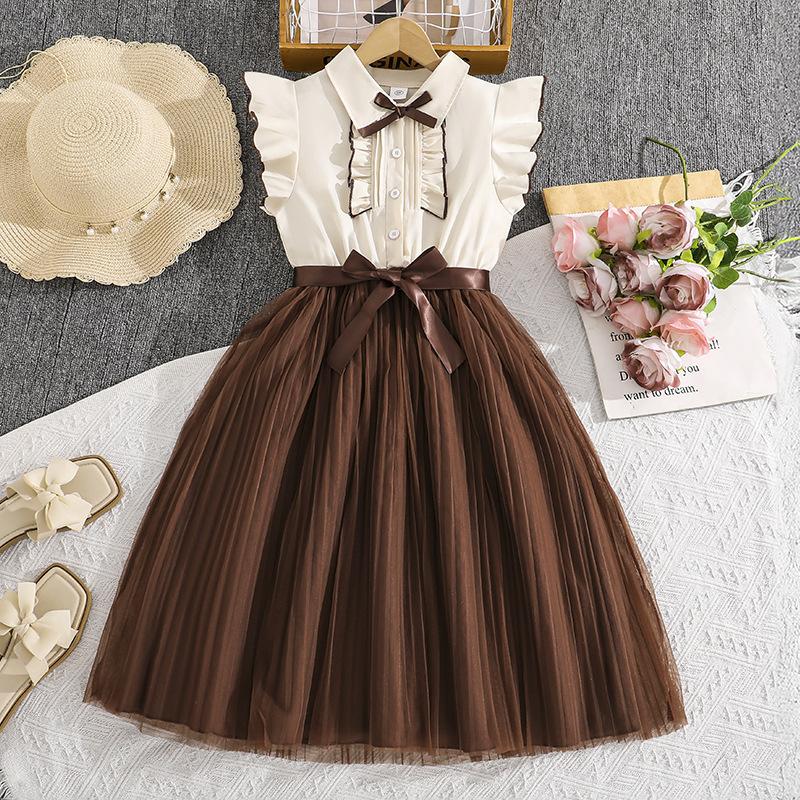 Girls  Princess Dress Short Sleeved Waist Cinched Mesh Dress With Woven Waistband Included 160 бежевый