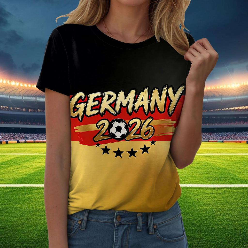 Damen Freizeit Pullover T-Shirt Kurzarm Rundhals Buchstabendruck Oberteil zur Fußballunterstützung Deutschland 2026 Fanartikel