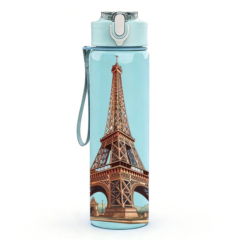 1PC Eiffel Tower Paris Landmark 750ml Color Plastic Sports Water Bottle Leakproof Flip Straw Lid Suitable for Sports Office Home Use
