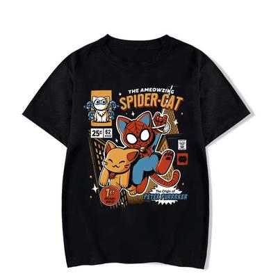 Verano Nueva Camiseta Anime Estampado Divertido Gato Araña de Dibujos Animados para Unisex Manga Corta Cuello Redondo Algodón Camisetas Casual Holgada Oversize Tops