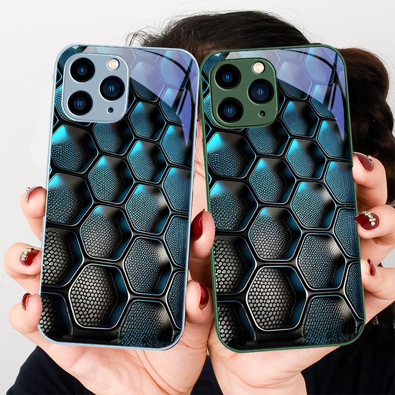 Blue Gradient Grid For IPhone 16 Plus 15 14 13 12 Mini 11 Pro Max X XS XR 7 8 Plus 2022 Tempered Glass Phone Case