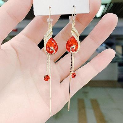 TikTok Live Temperament Peacock Phoenix Earrings - Blue Red Crystal Long Tassel